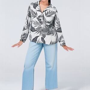 Tahari 100% Linen Palm Leaf Print Button-Down Shirt Women’s Size Large